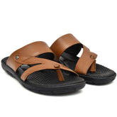 Tan leather slippers for men with a stylish slip-on design.